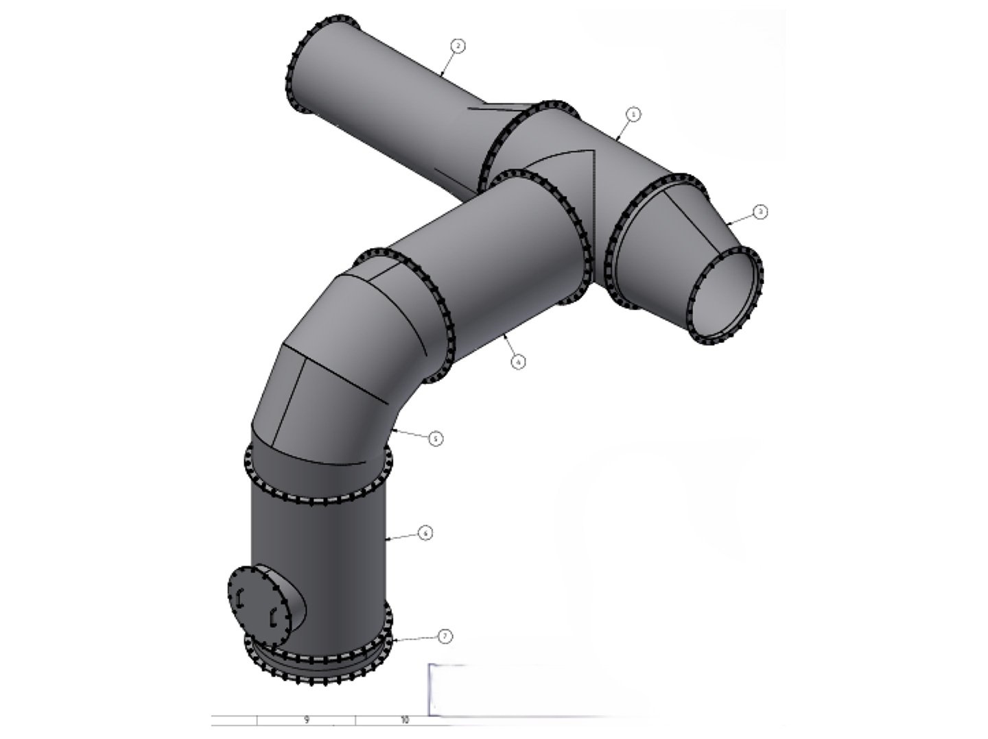 CAD‑Modell eines komplexen Rohrleitungssystems mit T‑Abzweig, Bogenstück und mehreren Anschlussflanschen.